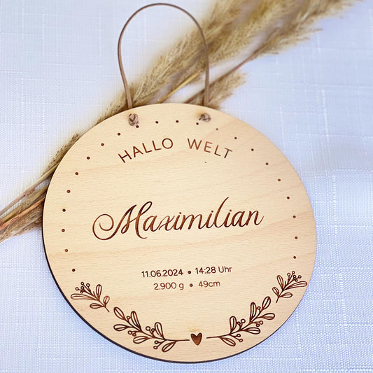 Geburtsschild Hallo Welt - Personalisiert