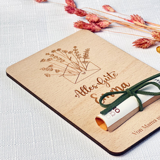 Geschenkkarte für Geldgeschenk aus Holz - Personalisiert