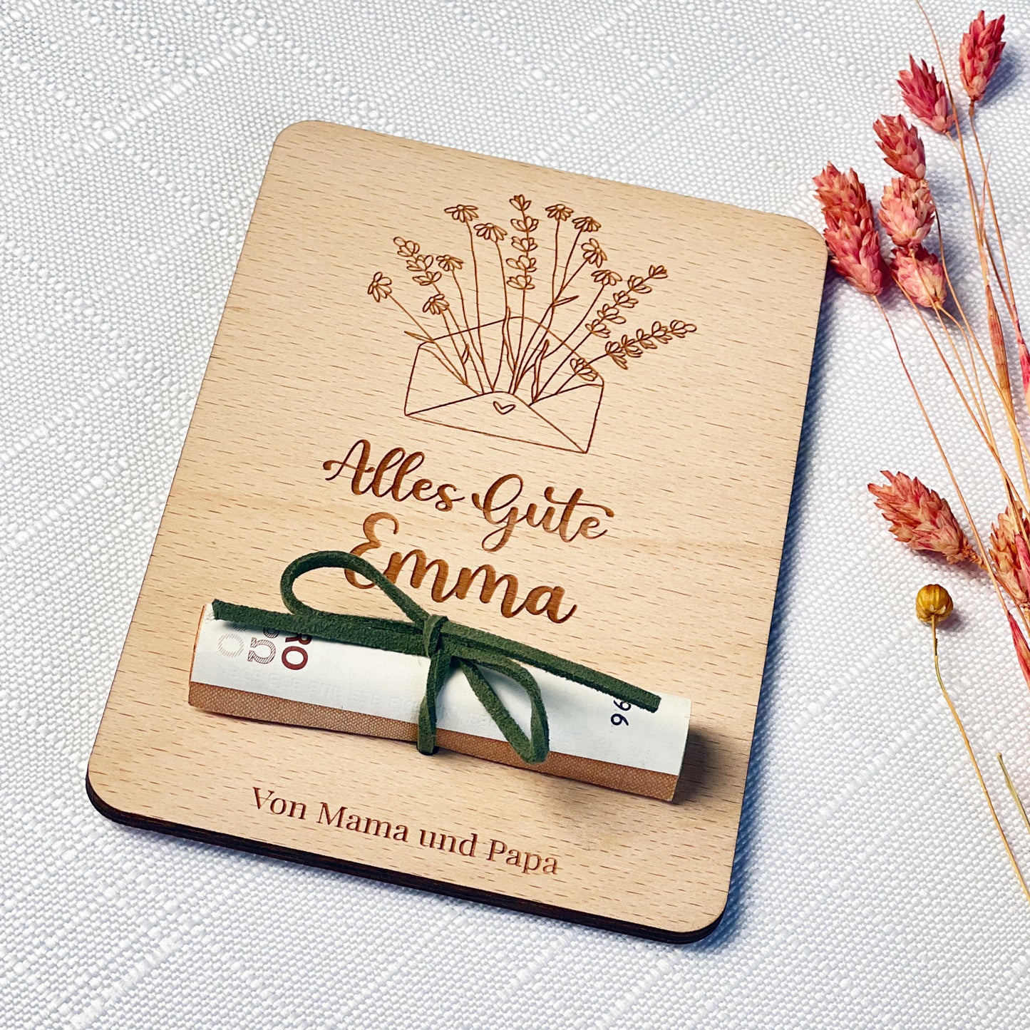 Geschenkkarte für Geldgeschenk aus Holz - Personalisiert