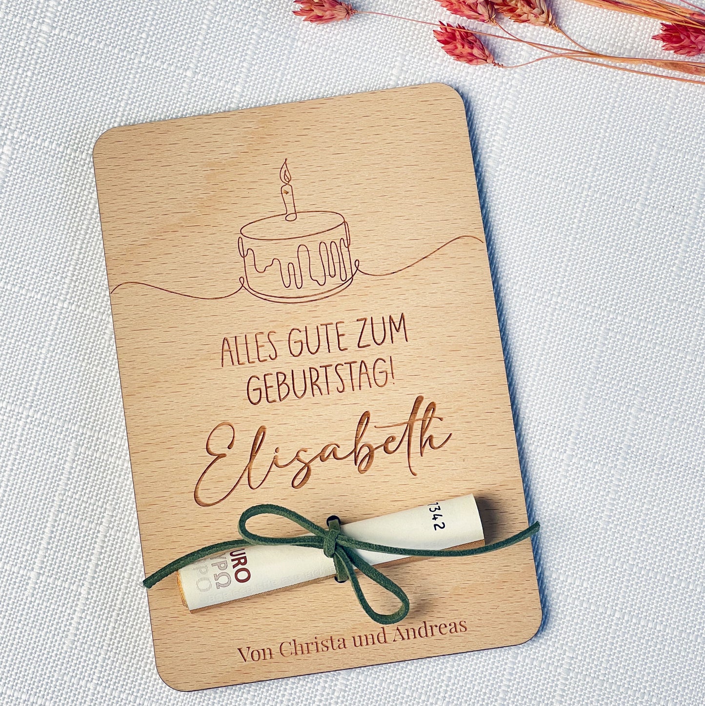 Geschenkkarte für Geldgeschenk aus Holz - Personalisiert