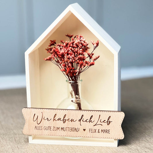 Deko Holzhaus mit Blumen - Personalisierte Muttertag Geschenke