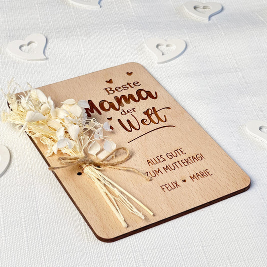 Muttertagskarte aus Holz mit Blumen - Personalisiert