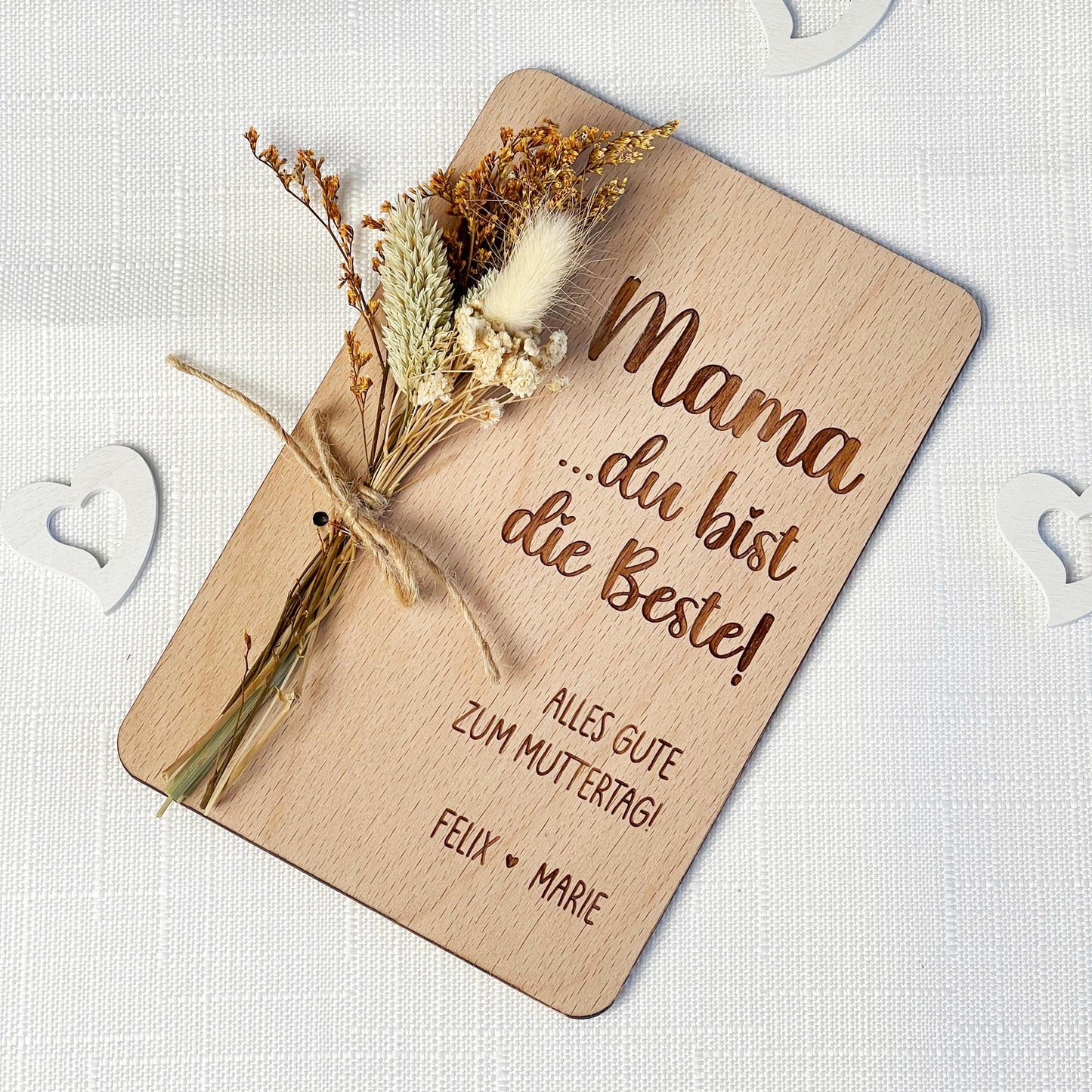 Muttertagskarte aus Holz mit Blumen - Personalisiert