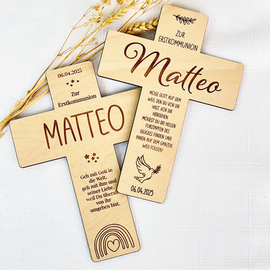 Erstkommunion Kreuz aus Holz - Personalisiert