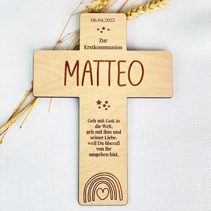 Erstkommunion Kreuz aus Holz - Personalisiert